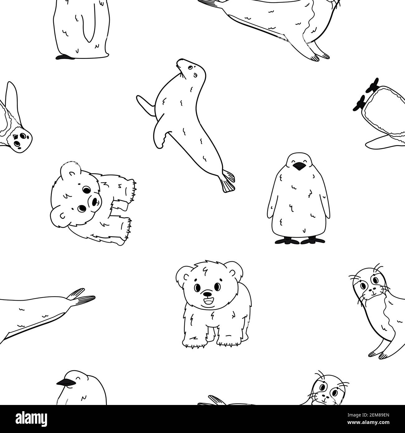 Vector seamless pattern of Penguin, king penguin chick, fur seal, polar bear cub, small Common seal. Set of isolated small cartoon outline cute sea an Stock Vector