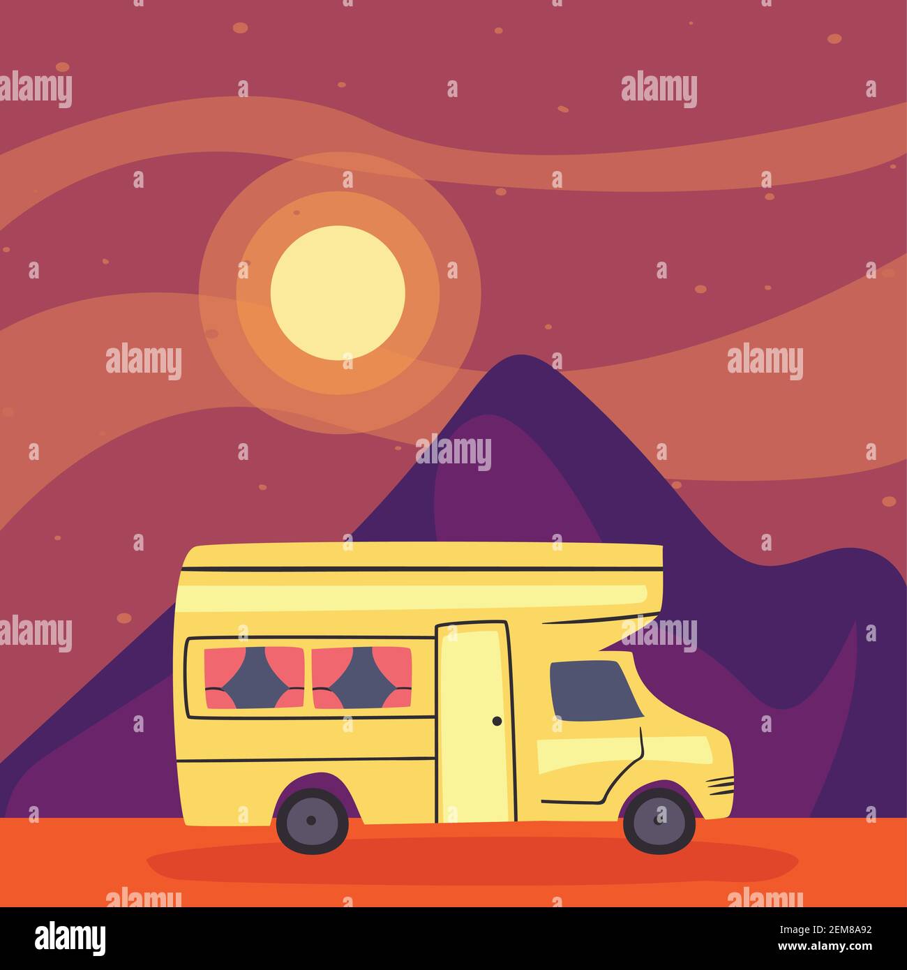 yellow camper trailer at night design of caravan trip camp adventure ...
