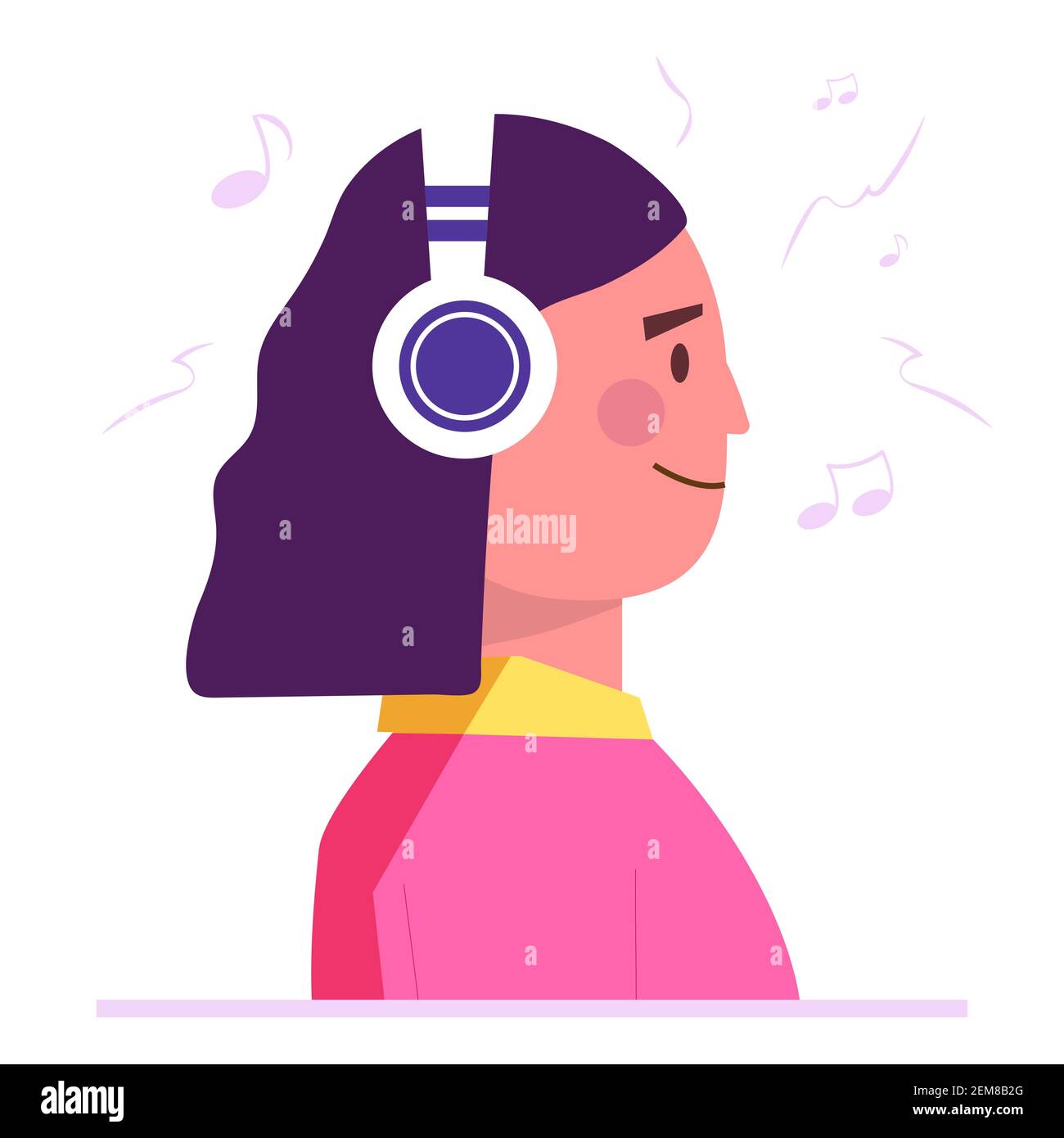 Voice recording studio. Woman in headphones listening music and singing flat style concept. Girl records new song. Karaoke party. Flat vector illustra Stock Vector