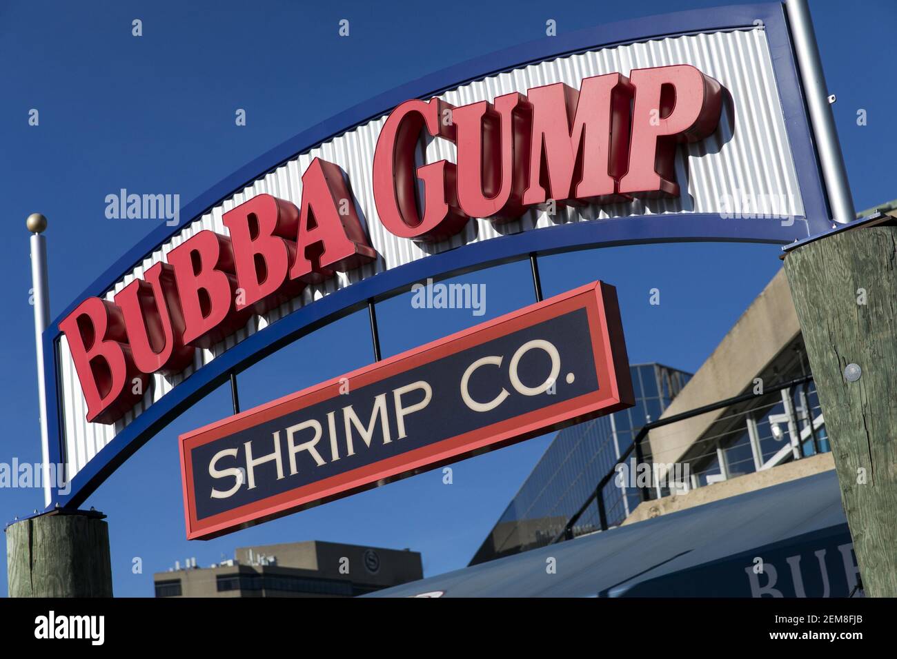 A logo sign outside of a Bubba Gump Shrimp Company restaurant location