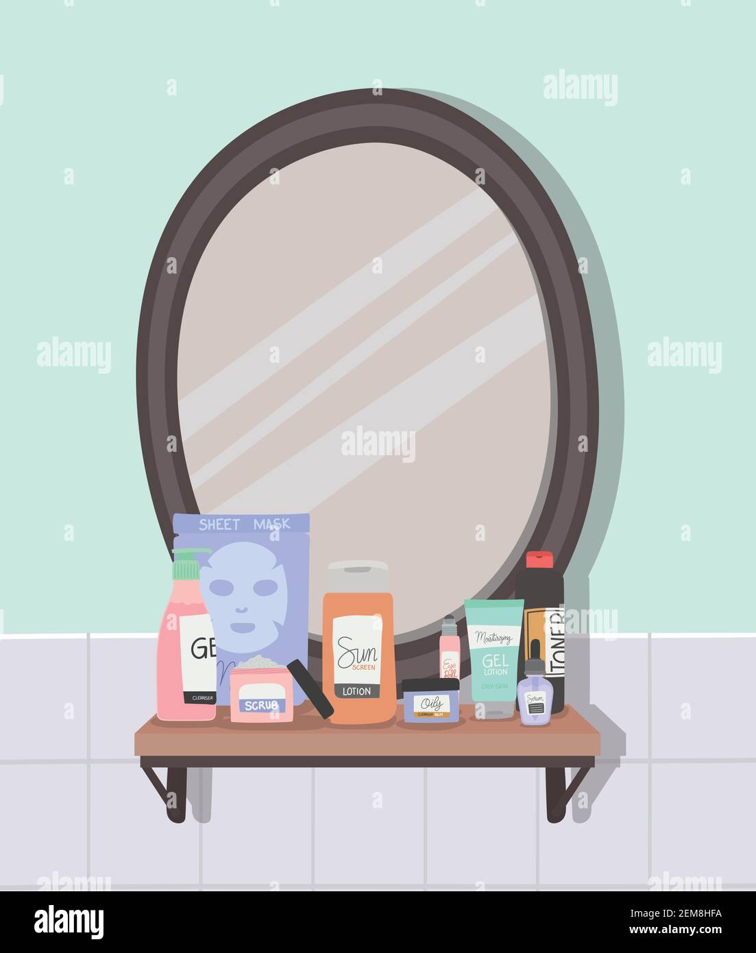 mirror and set of skincare icons on a shelf inside of a bathroom Stock ...