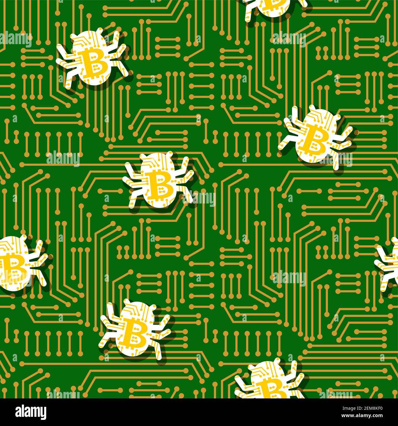 Bitcoin virus bug pattern seamless. Digital currency computer virus background. Stock Vector
