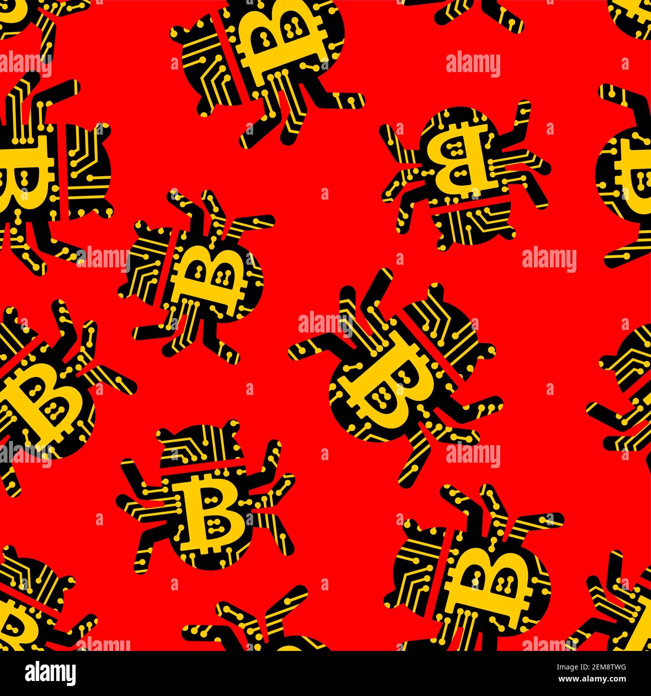 Bitcoin virus bug pattern seamless. Digital currency computer virus background. Stock Vector