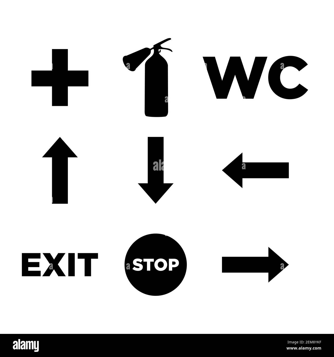 Black icons with stop signal, arrows, wc sign and other pictogram ...