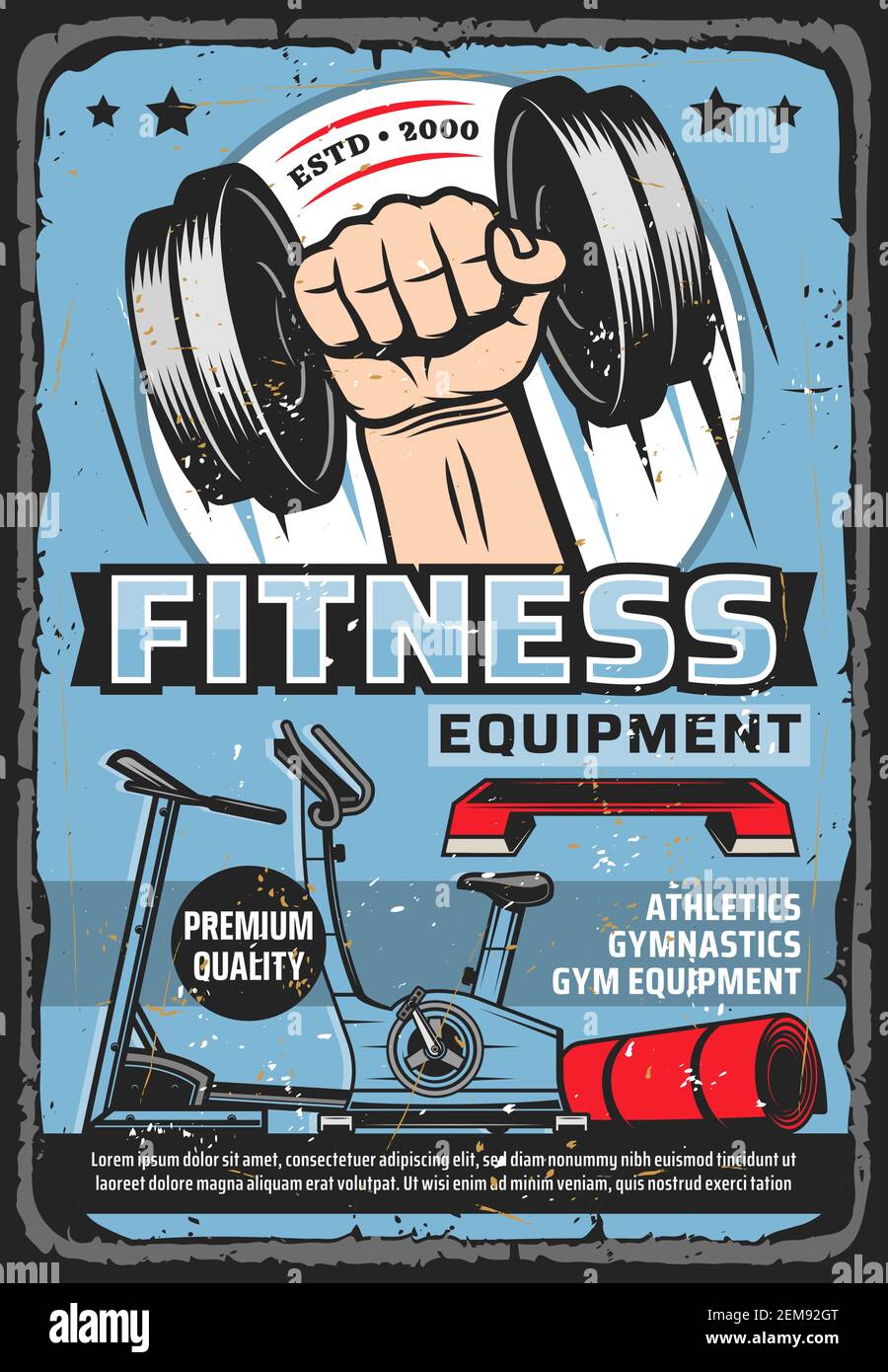 Fitness club equipment and gym training machines, vector retro vintage poster. Cycling and cardio treadmill, yoga mat and step aerobics, bodybuilding Stock Vector