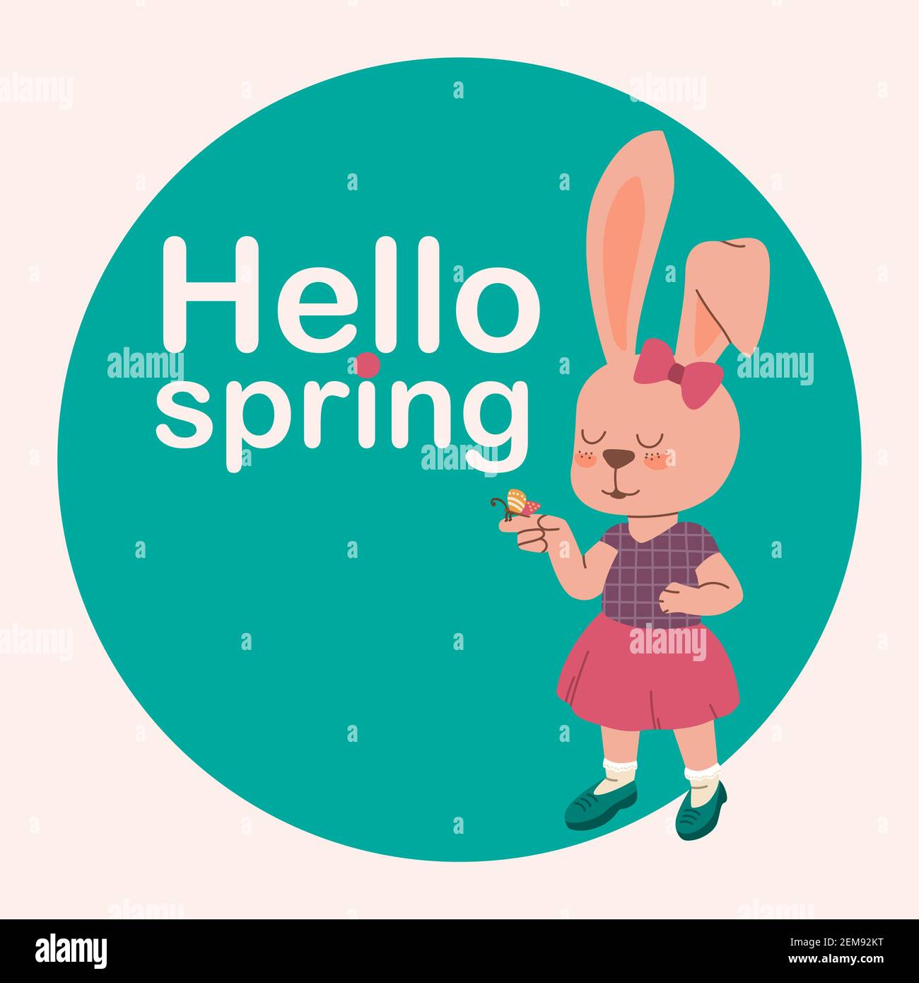 Hello Spring. Vector cartoon illustration. Bunny girl in a skirt is holding a butterfly. EPS 10 Stock Vector