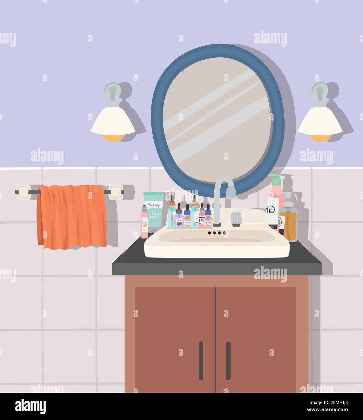 bathroom with mirror and skincare products Stock Vector Image & Art - Alamy