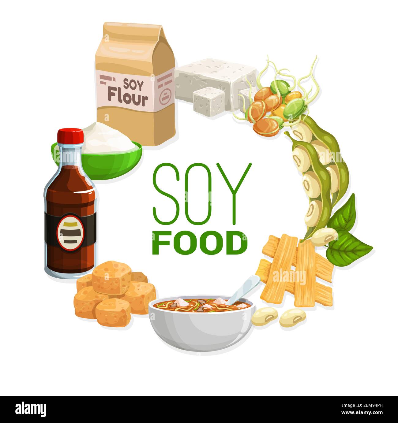 Soy food products and soybean vegetarian food, vector meals. Organic