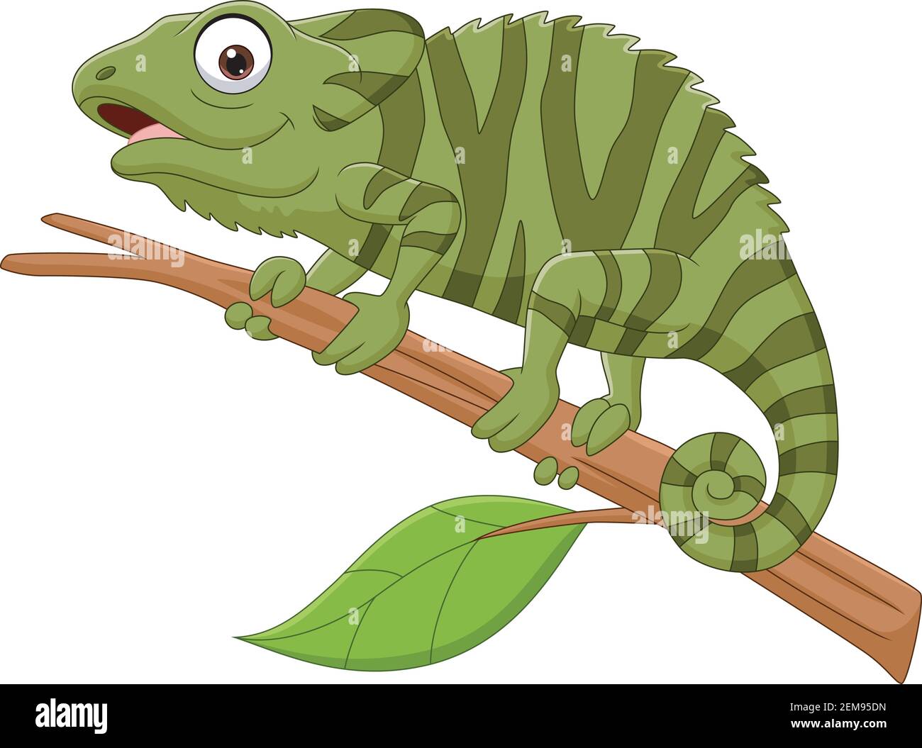 Cartoon green chameleon on tree branch Stock Vector