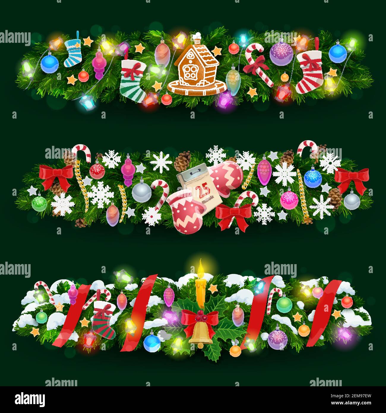 Christmas garland vector design of Xmas tree, New Year gifts and snow ...