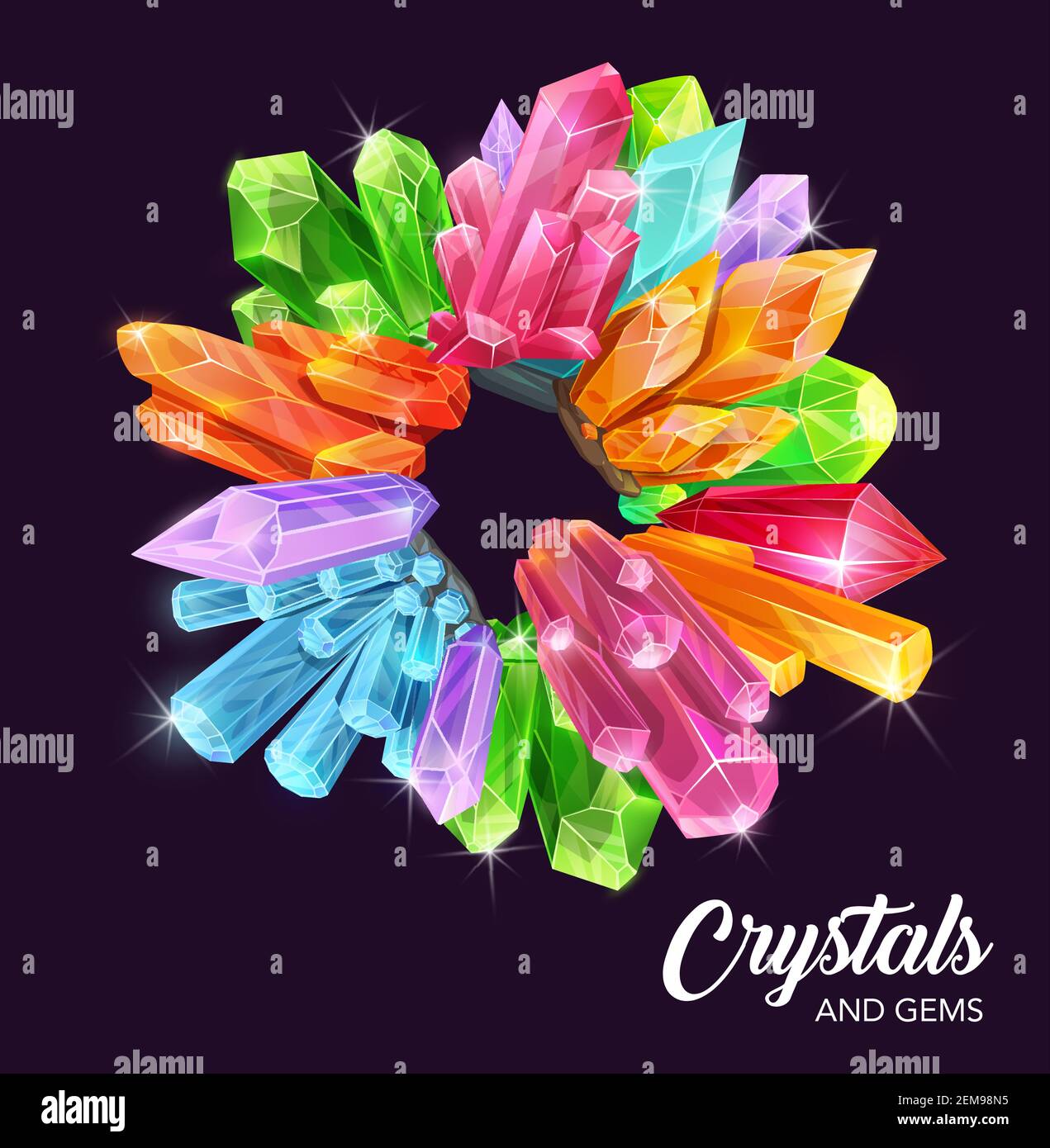 Crystals and gem stones vector wreath with magic and precious gemstones, mineral rocks. Diamond jewels, pink quartz and green emerald, blue sapphire, Stock Vector