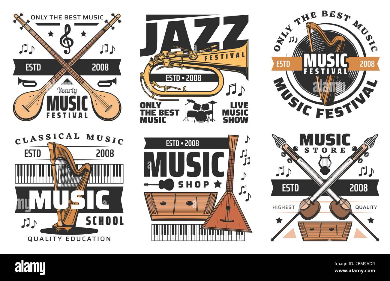 Jazz music fest and live musical festival show, vector icons. Folk and classic orchestra and concert musical instruments store or shop signs, percussi Stock Vector