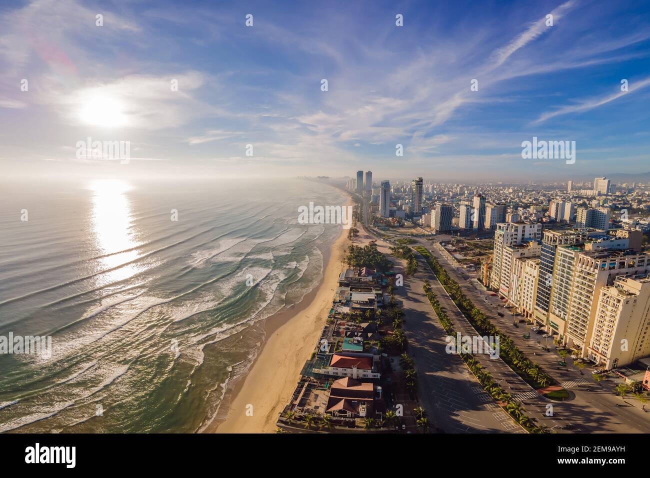 Beautiful My Khe beach from drone Da Nang, street and buildings the Central beach and the sea. Photo from a drone Stock Photo - Alamy