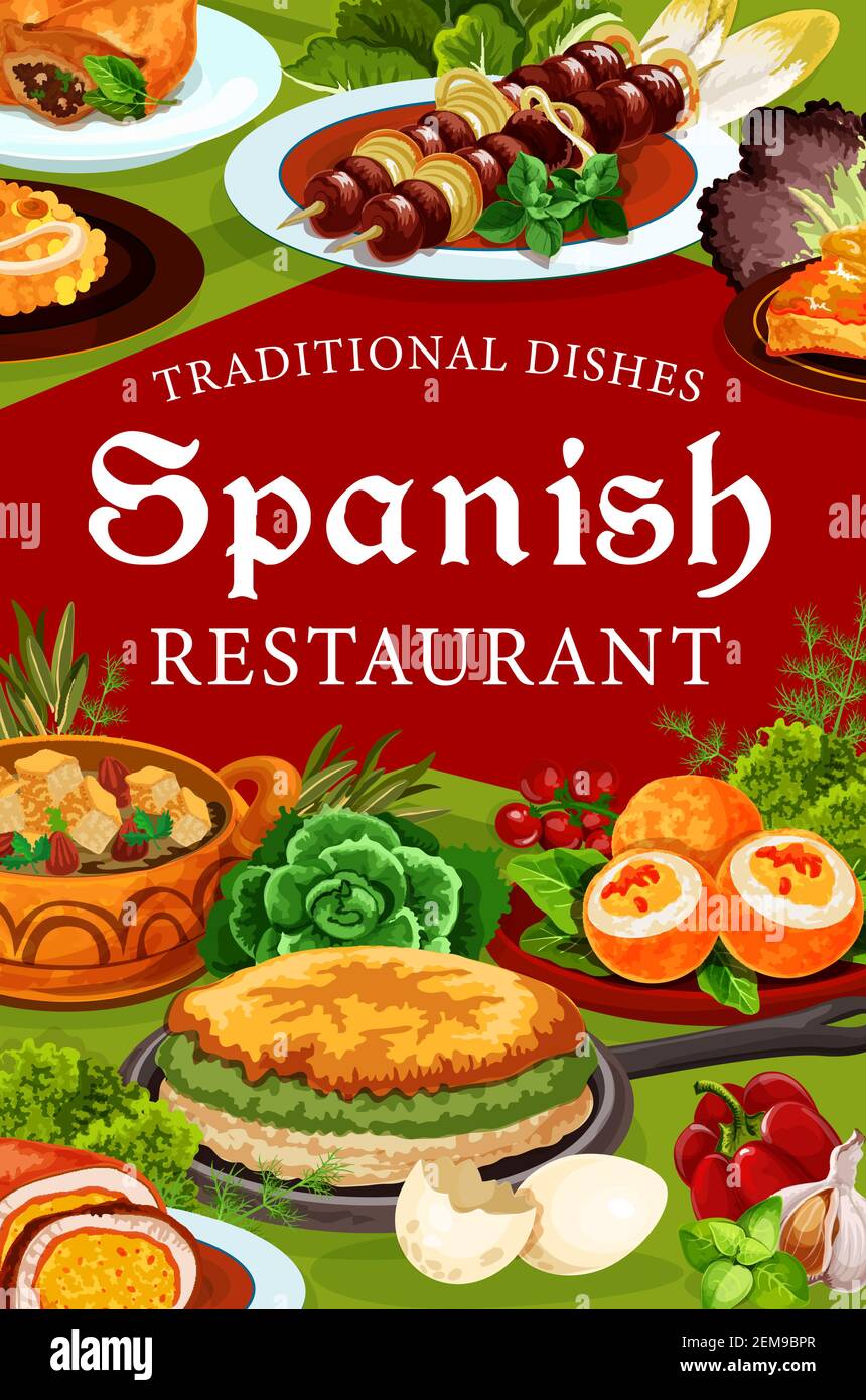 Spanish cuisine restaurant vector food of meat, fish and vegetables. Beef kabob skewers, seafood