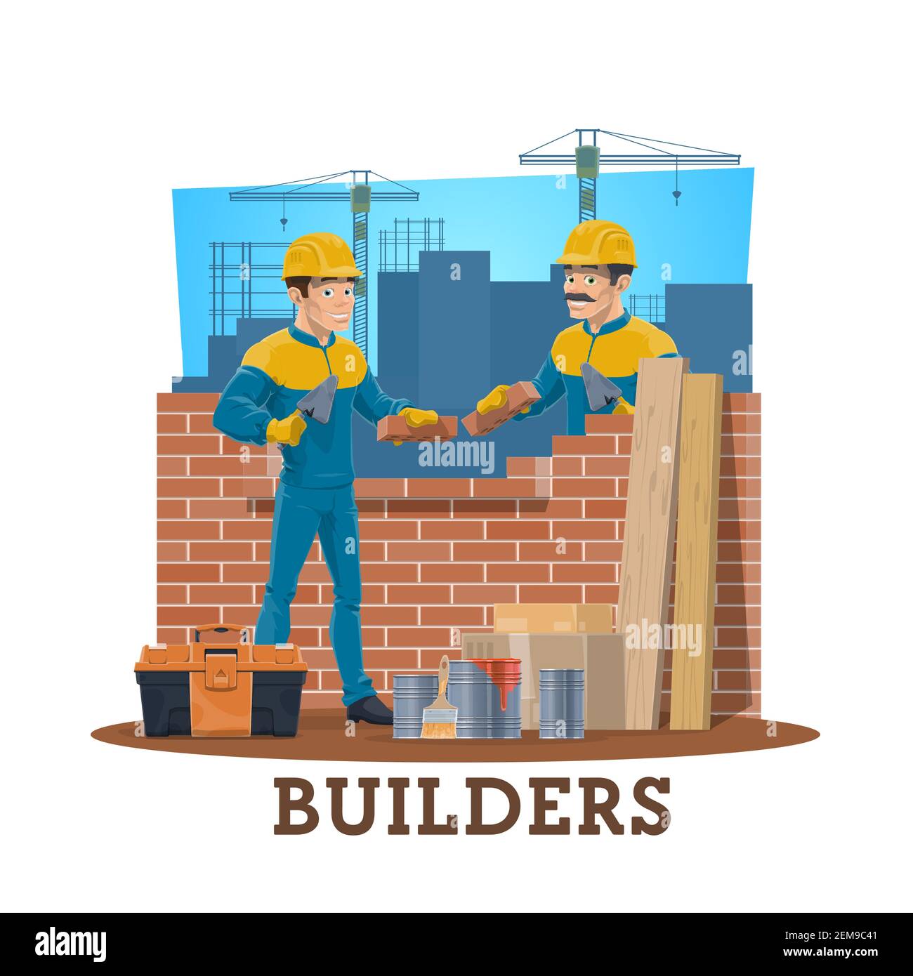 Bricklayer builders, vector construction industry workers. Mason cartoon  characters laying bricks on construction site with trowels, cement mortar,  to Stock Vector Image & Art - Alamy