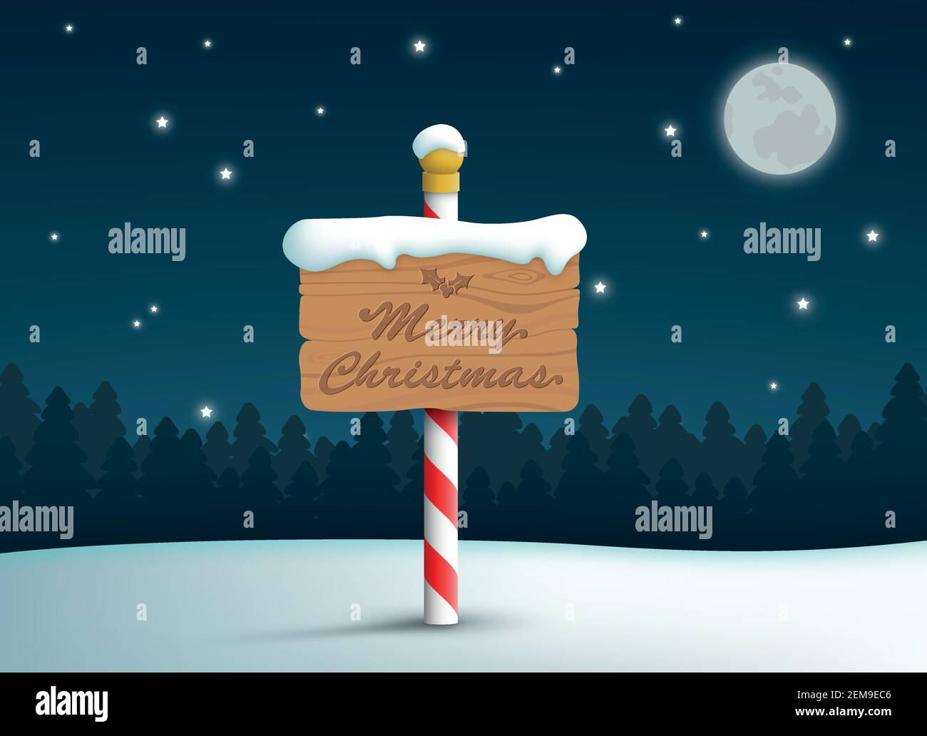 Merry Christmas Logo Wooden Sign On Pole With Snow And Stars Background ...
