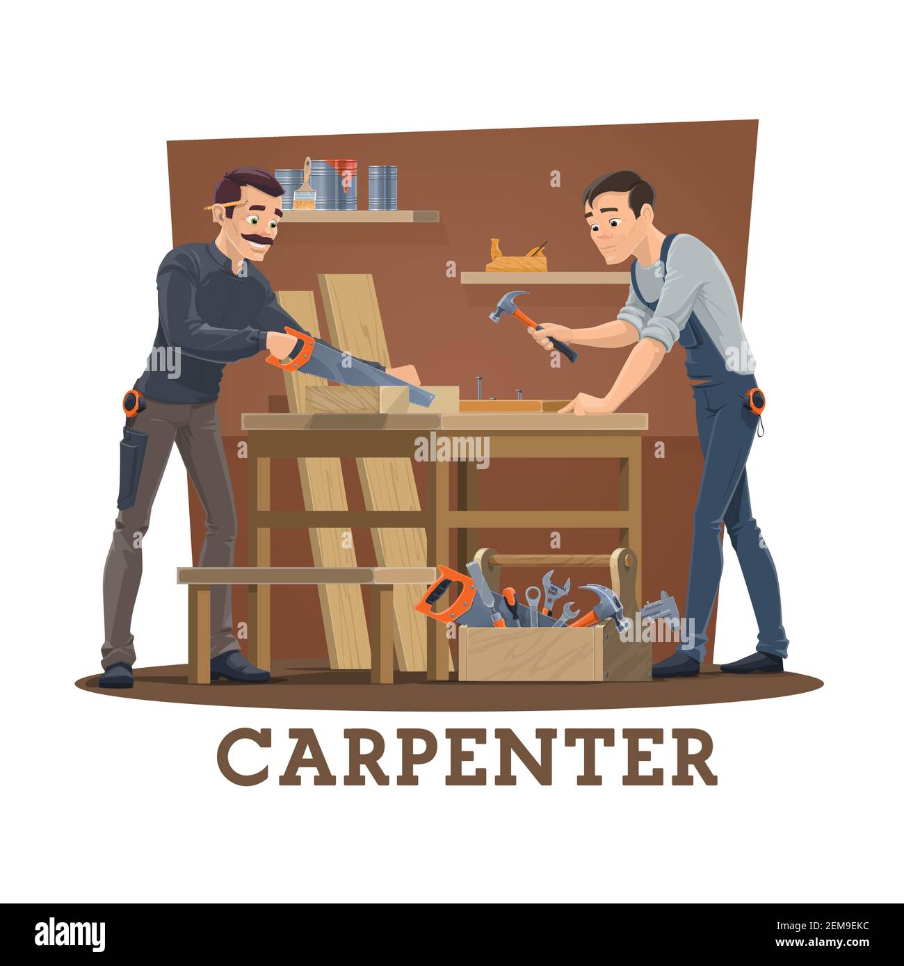 Carpenters at workshop cartoon vector of carpentry industry workers with work tools and equipment. Joiner characters nailing and sawing wood boards wi Stock Vector