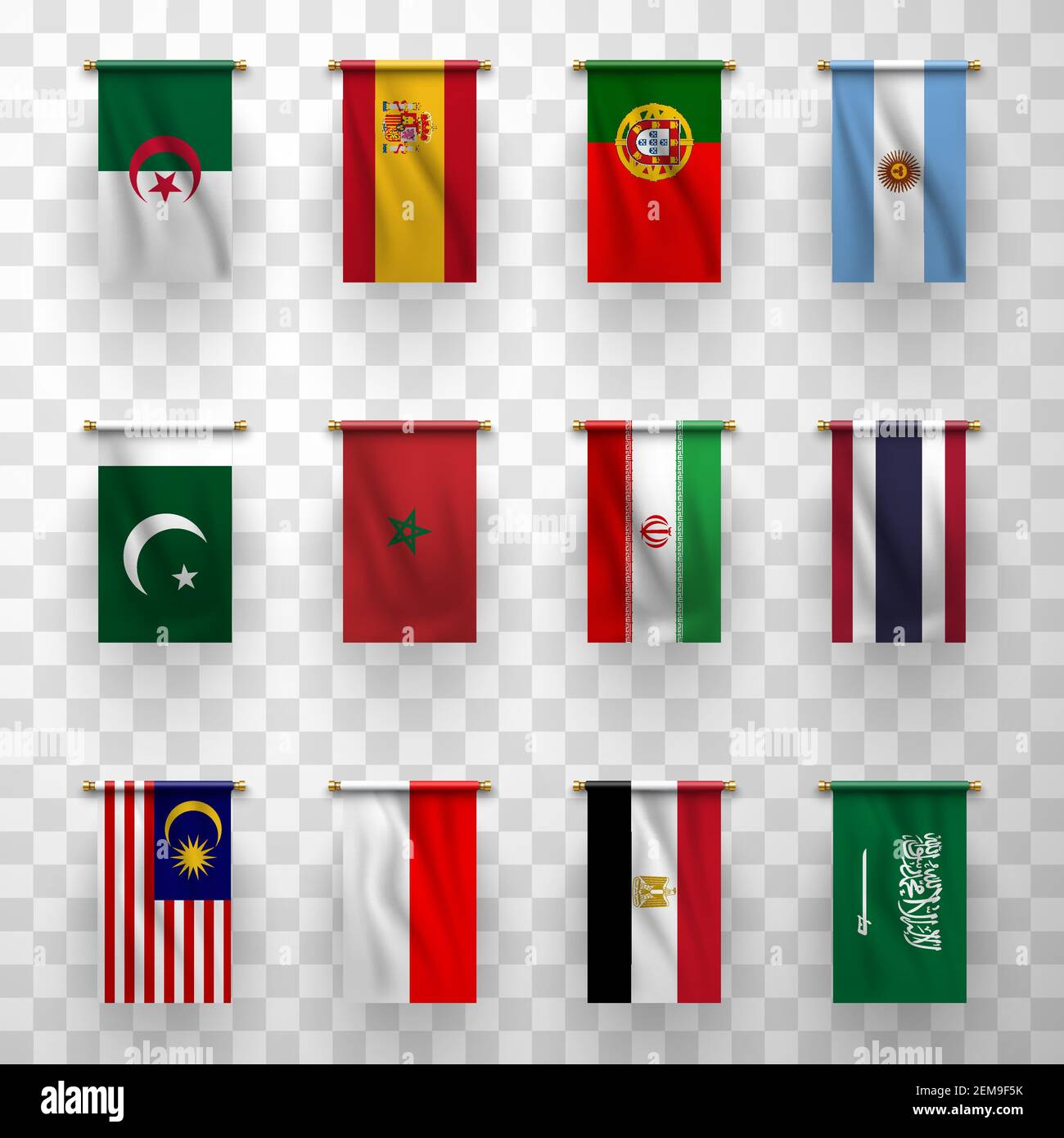 Realistic flags icons Algeria, Morocco and Egypt, Iran, Pakistan, Thailand and Malaysia. Indonesia and Saudi Arabia, Spain, Portugal and Argentina iso Stock Vector