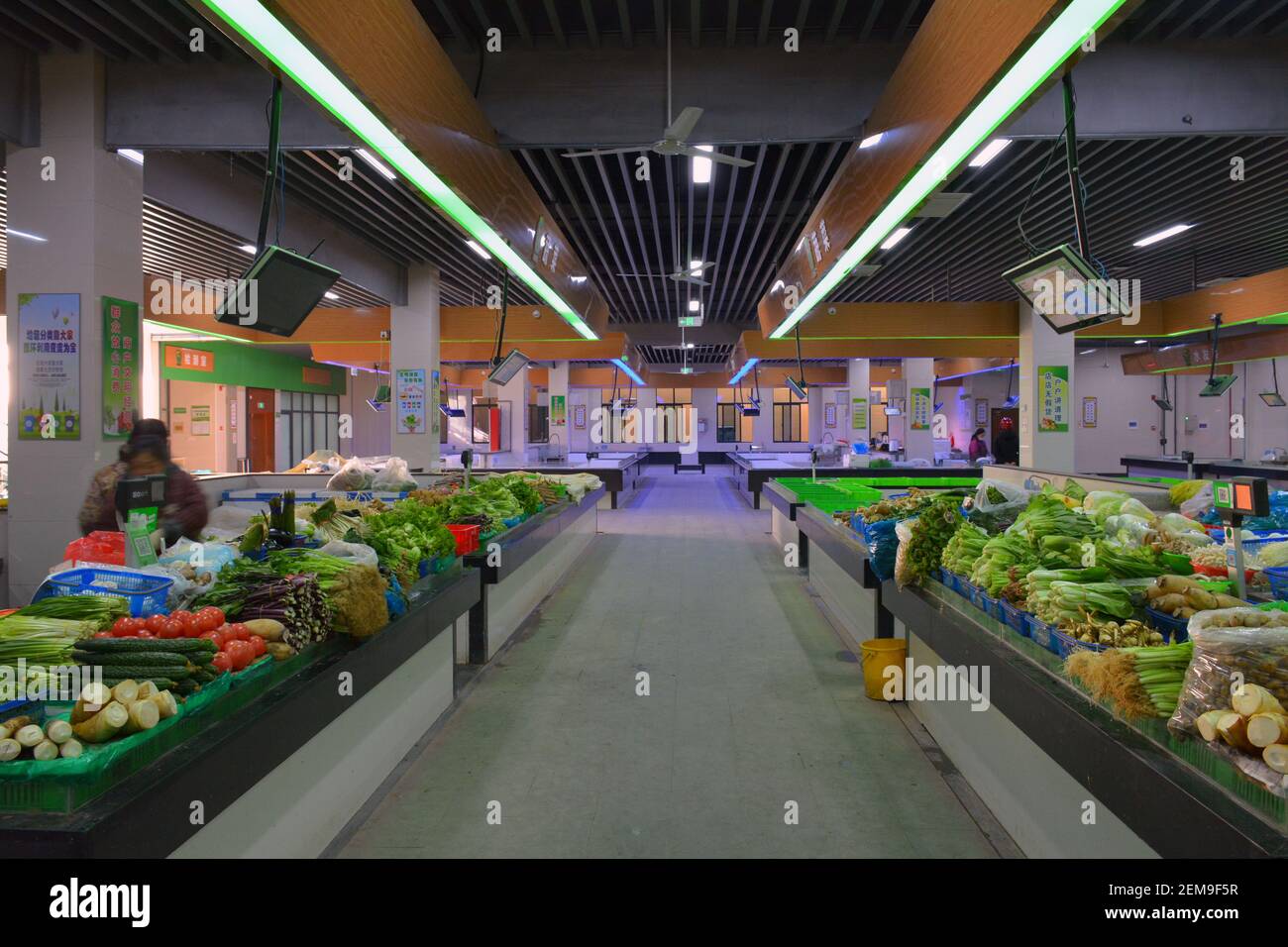 Inside a Chinese wet market, so called as the floors are often washed down to clear rubbish. This is in Jiaxing during new year so almost empty. Stock Photo