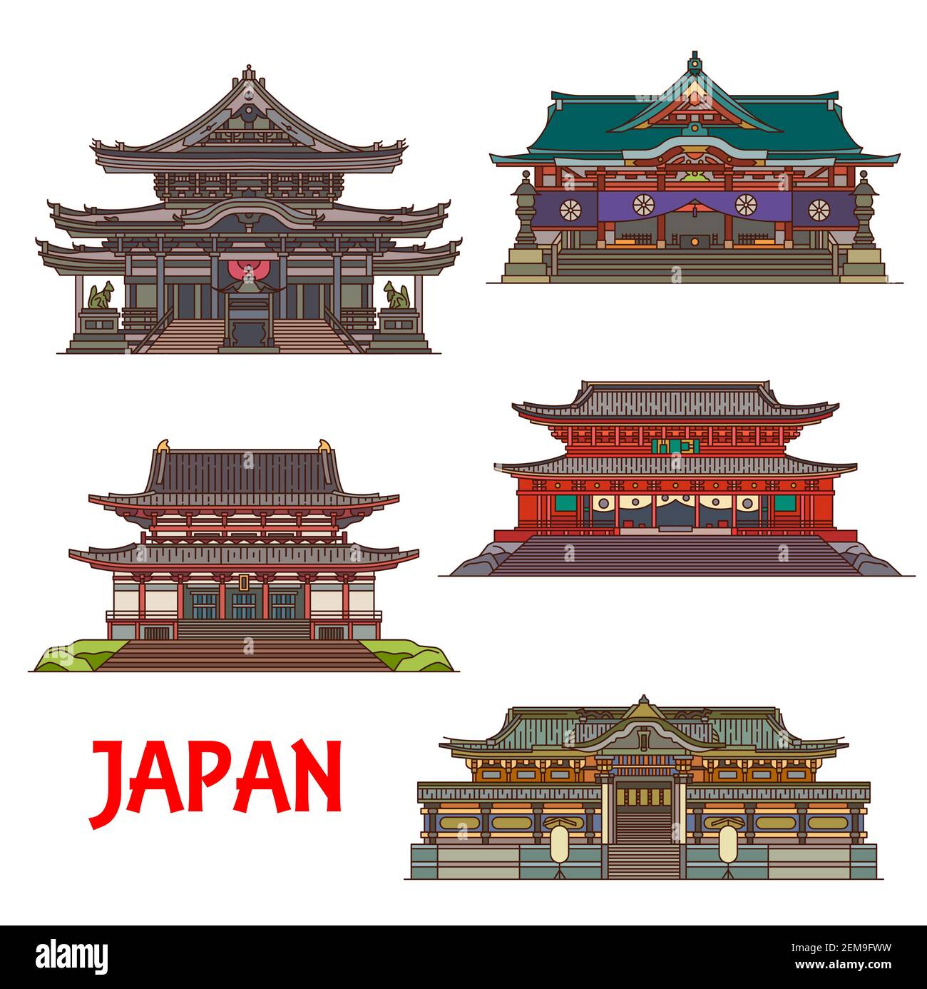 Japanese Buddhist temples and shrines, Japan architecture landmarks and famous pagoda buildings, vector icons. Tendai temple in Nikko city, Zojo-ji, T Stock Vector