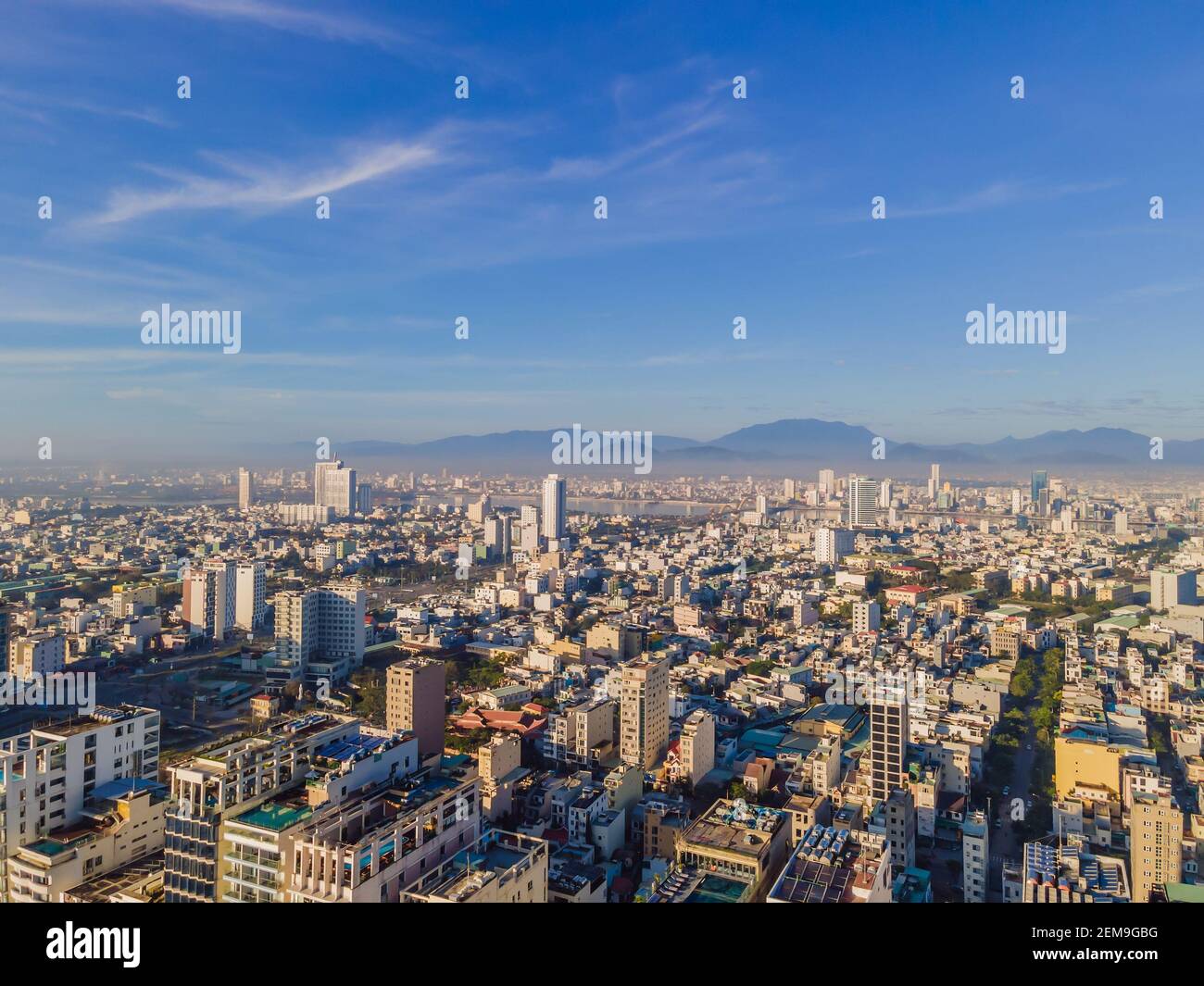 Beautiful My Khe beach from drone in Da Nang, Vietnam, street and buildings near the Central beach and the sea. Photo from a drone Stock Photo