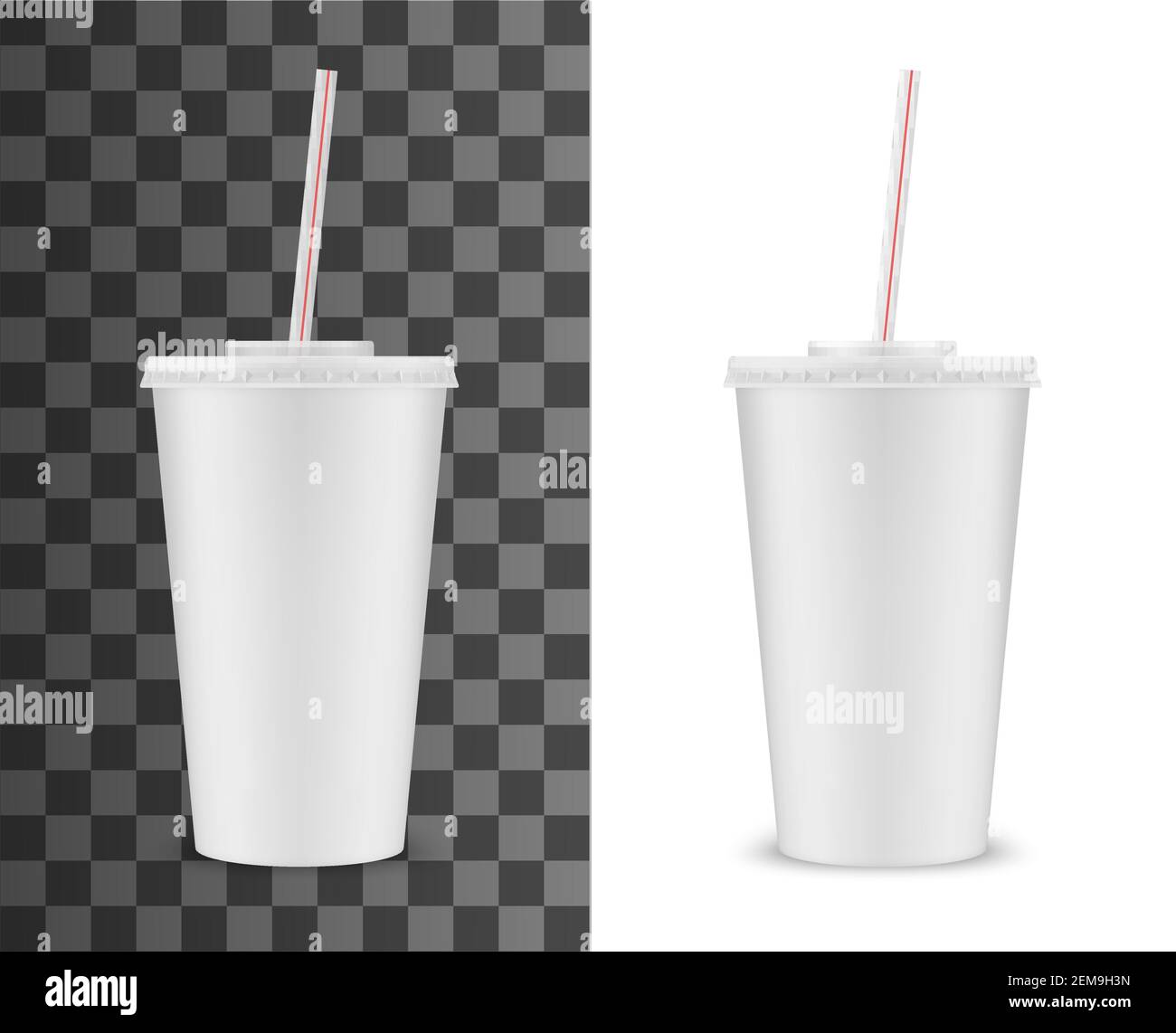 soda drink plastic cup with striped drinking straw, vector realistic 3d