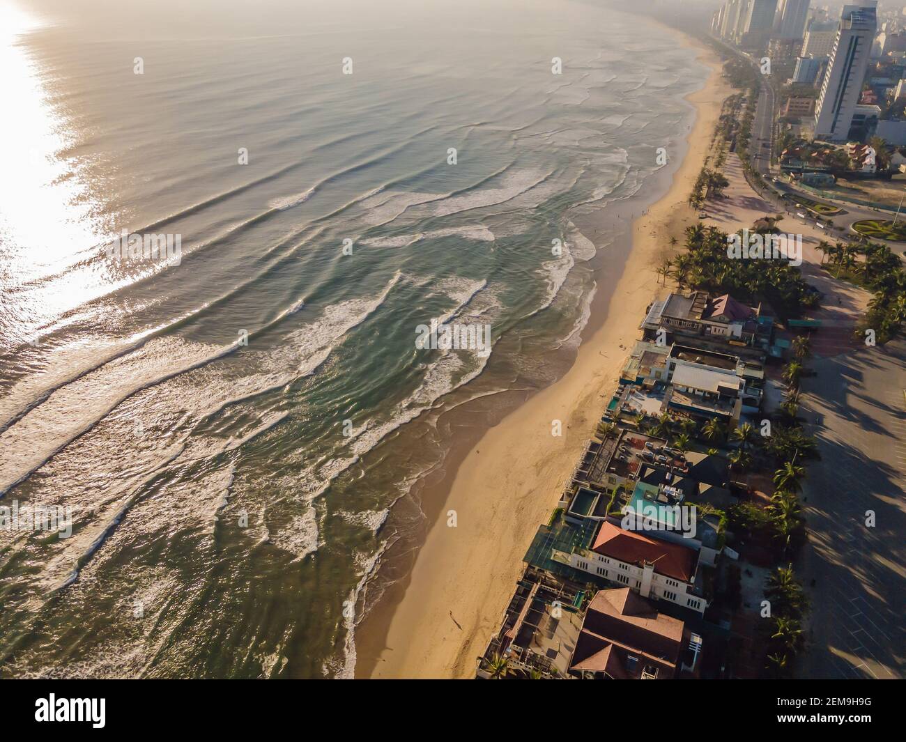 Beautiful My Khe beach from drone Da Nang, street and buildings the Central beach and the sea. Photo from a drone Stock Photo - Alamy