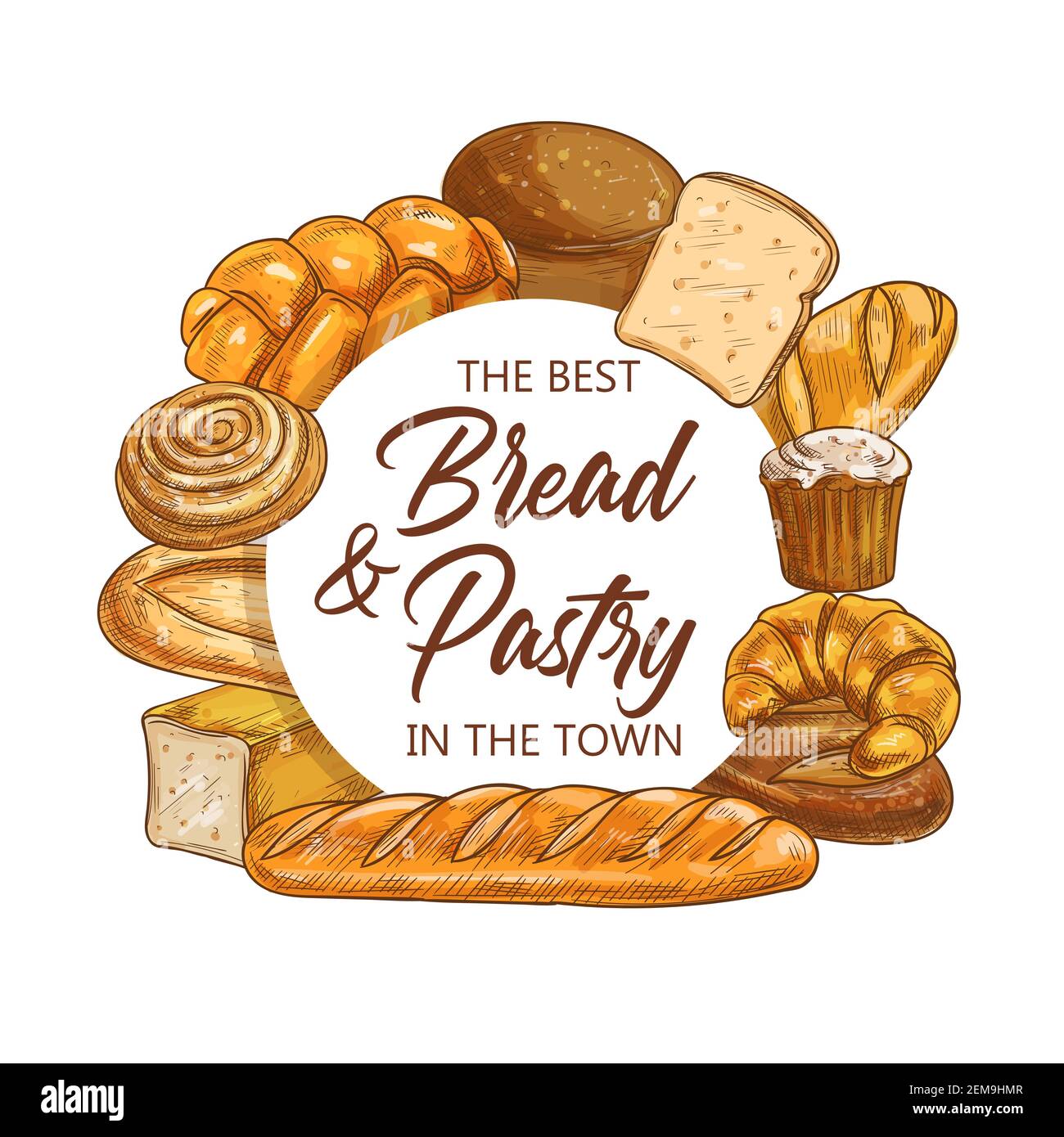 Bakery shop bread and pastry, vector sketch baked food products. Baker
