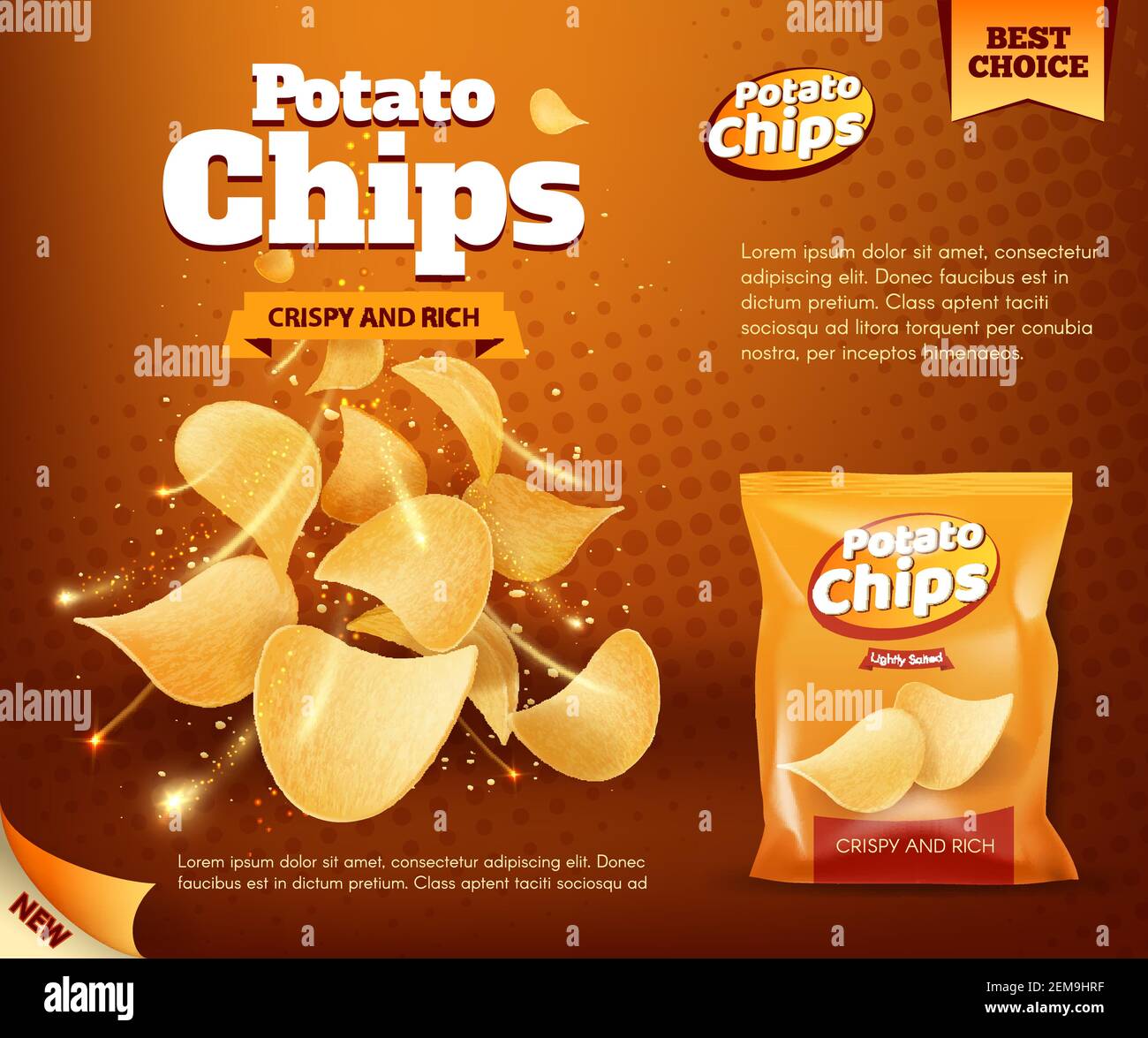 Potato chips bag, vector design of snack food advertising poster. Crunchy  and salty slices of deep fried potato with foil package, decorated with  spar Stock Vector Image & Art - Alamy