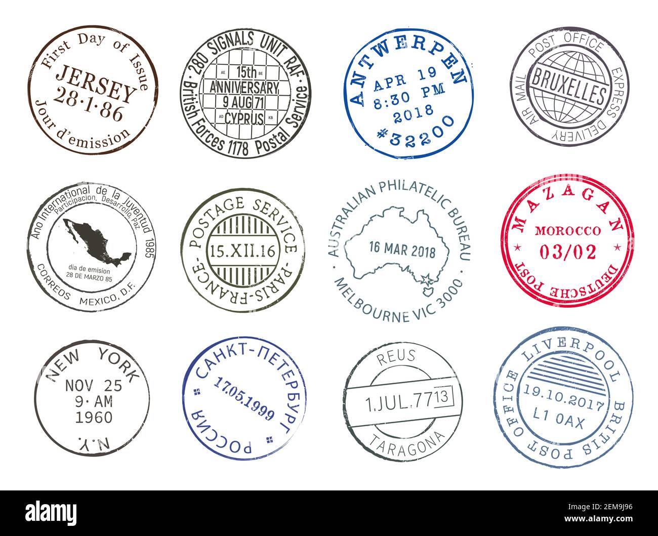 Post mail delivery stamp contours with city and dates, vector icons. Airmail postage and post office delivery stamps of New York, Paris or Mexico and Stock Vector