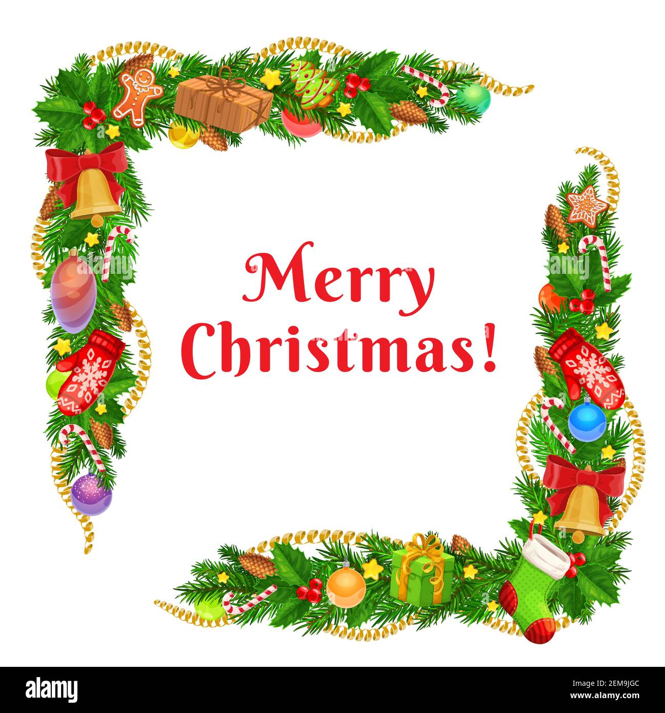 Christmas garland corners of Xmas tree, gifts and bells vector greeting