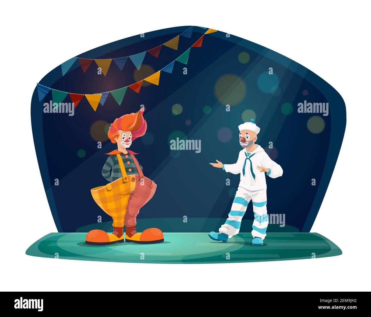 Circus and funfair carnival, circus vector cartoon characters. Clown in red wig and big trousers, mime artist performing entertainment jokes on big to Stock Vector