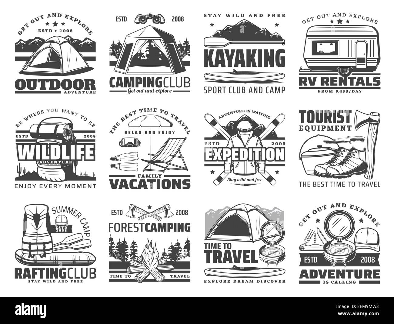 Outdoor adventure vector icons of travel, camping and rafting with ...