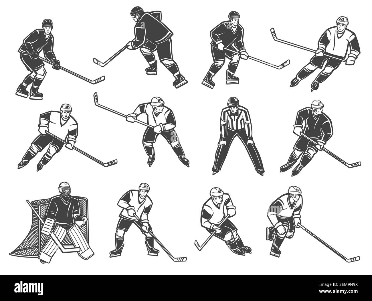 Ice hockey players, vector characters. Ice hockey referee and goalkeeper, forward, winger and