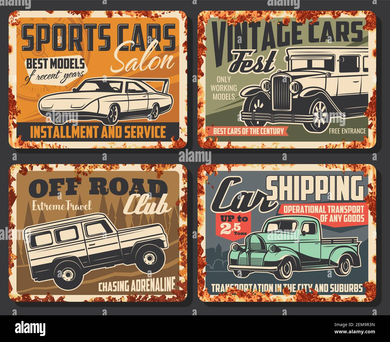 Vintage and sport cars vector rusty metal plates. Car service center, rarity vehicles show fest exhibition and sport motors salon, off-road extreme cl Stock Vector