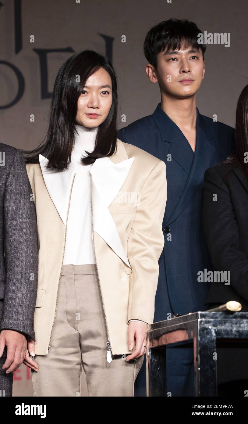 L to R) South Korean actors Ryu Seung-ryong, Bae Doo-na and Ju Ji-hoon,  attend a photo call for the Netflix film 'Kingdom' press conference with  South Korean director Kim Seong-hoon at Intercontinental