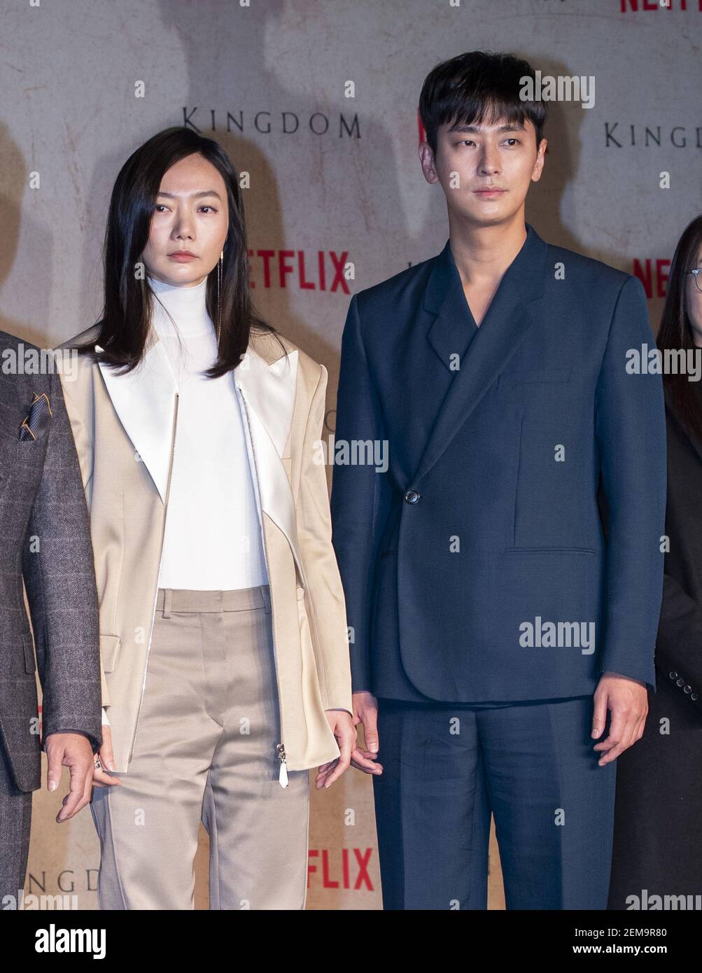 L to R) South Korean actors Bae Doo-na and Ju Ji-hoon, attend a photo call  for the Netflix film 'Kingdom' press conference with South Korean director  Kim Seong-hoon at Intercontinental hotel in