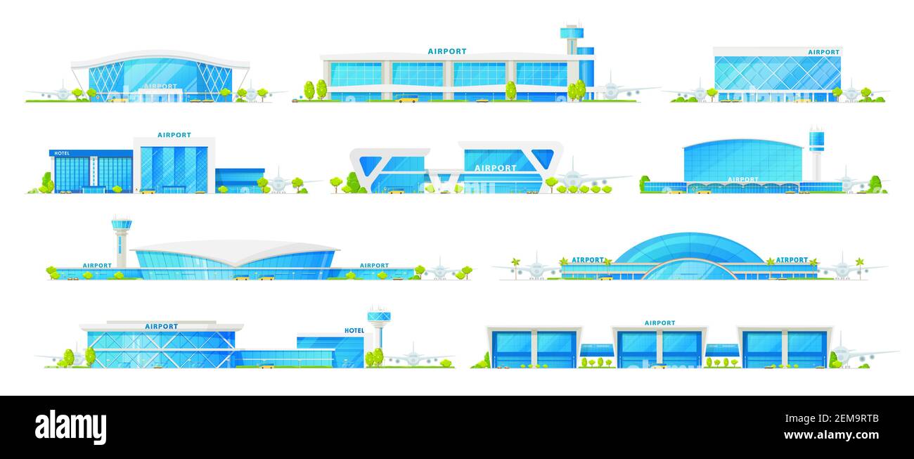 Airport terminal buildings, vector icons. International airport and
