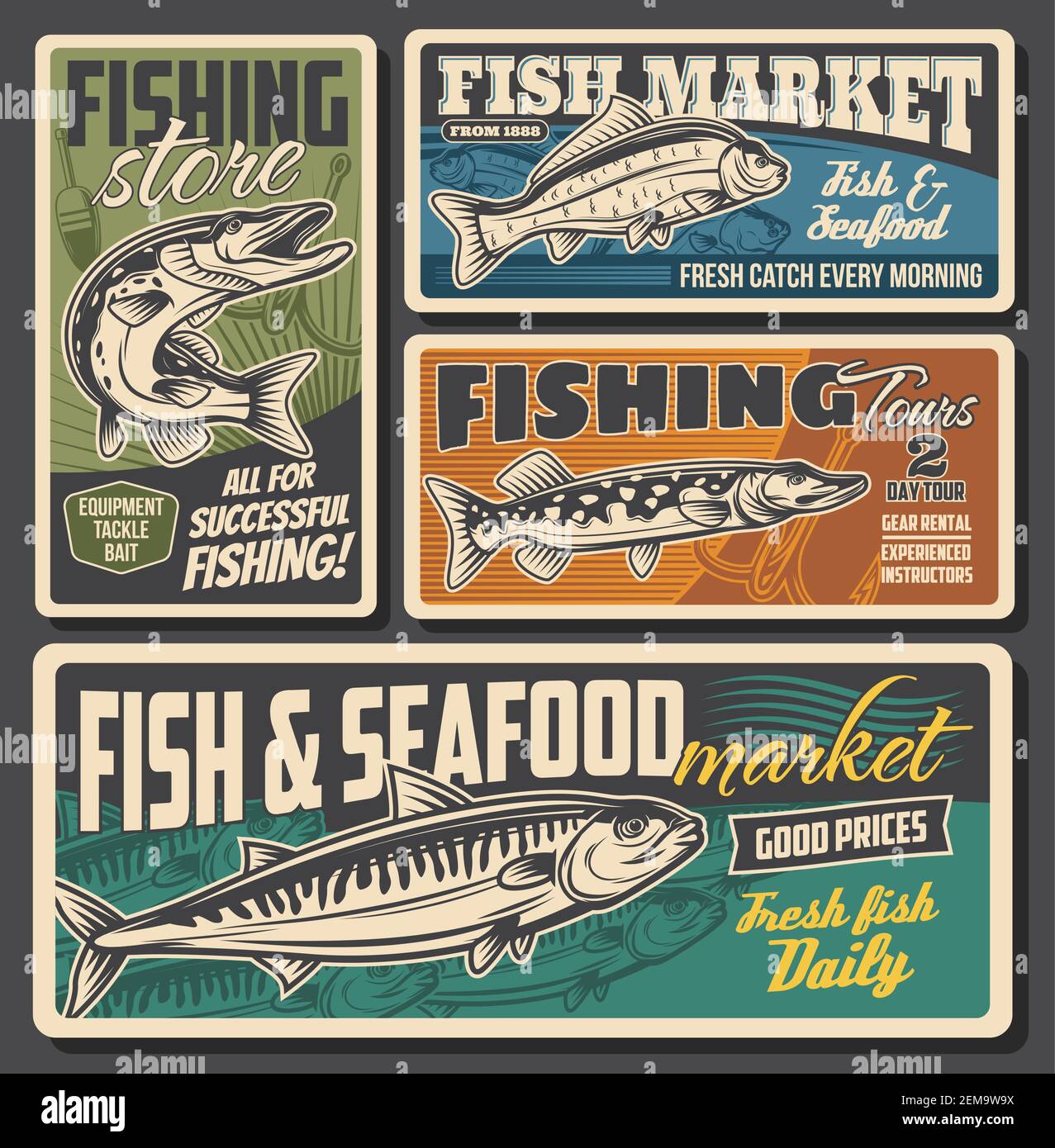 Fish and seafood market, fishing equipment and lures store. Fisher club  tours, rods and tackles rental for river pike, ocean mackerel and carp.  Vector Stock Vector Image & Art - Alamy