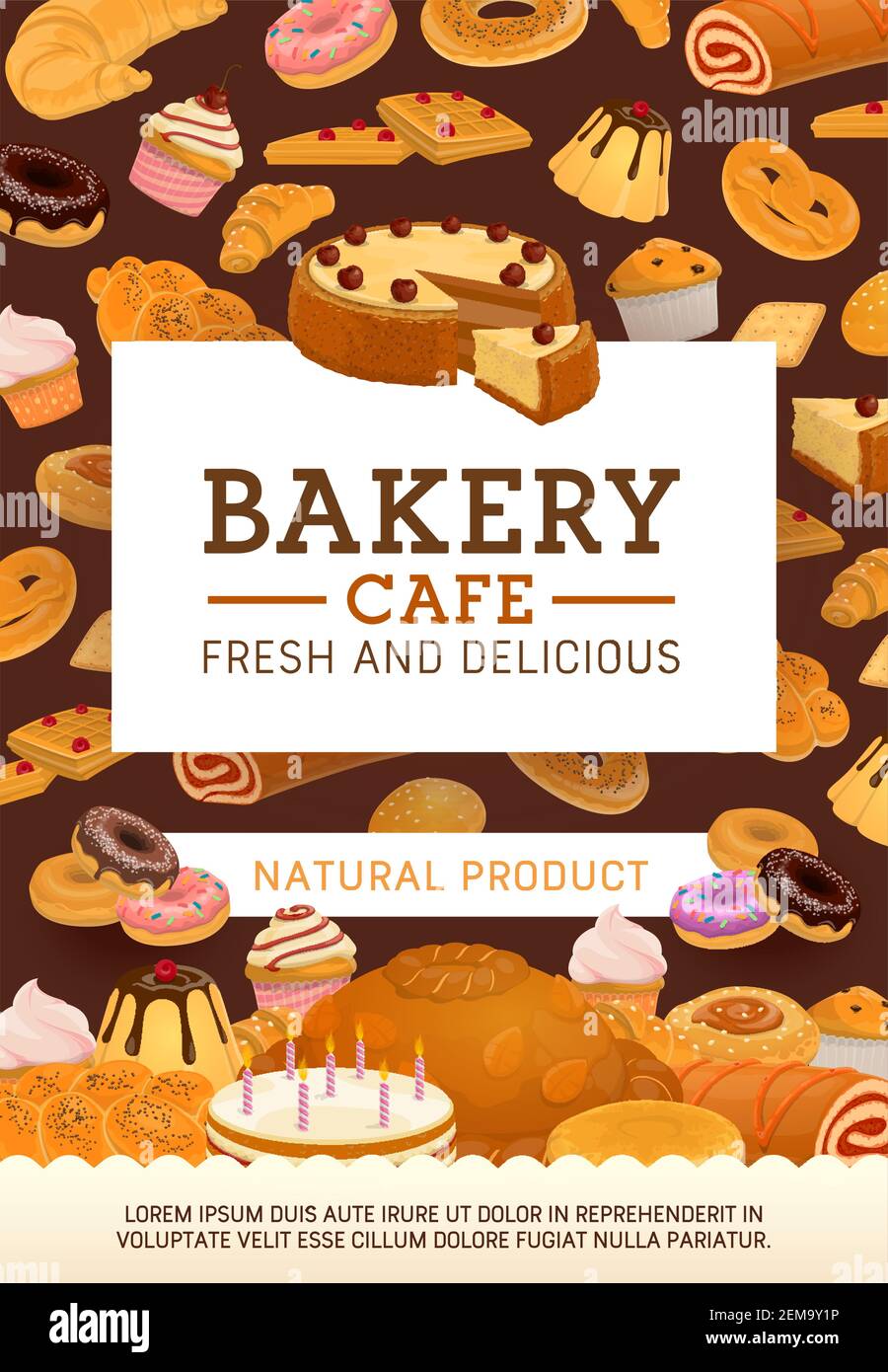 Bakery shop vector poster, cafe sweet desserts and cafeteria pastry