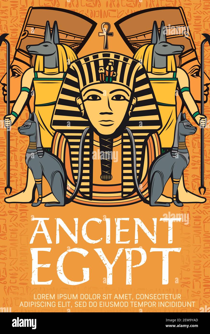 Ancient Egypt pharaohs, gods, deity and sacred animals, vector vintage poster. Tutankhamen or Tutankhamun pharaoh with Nefertiti, Ancient Egypt Anubis Stock Vector