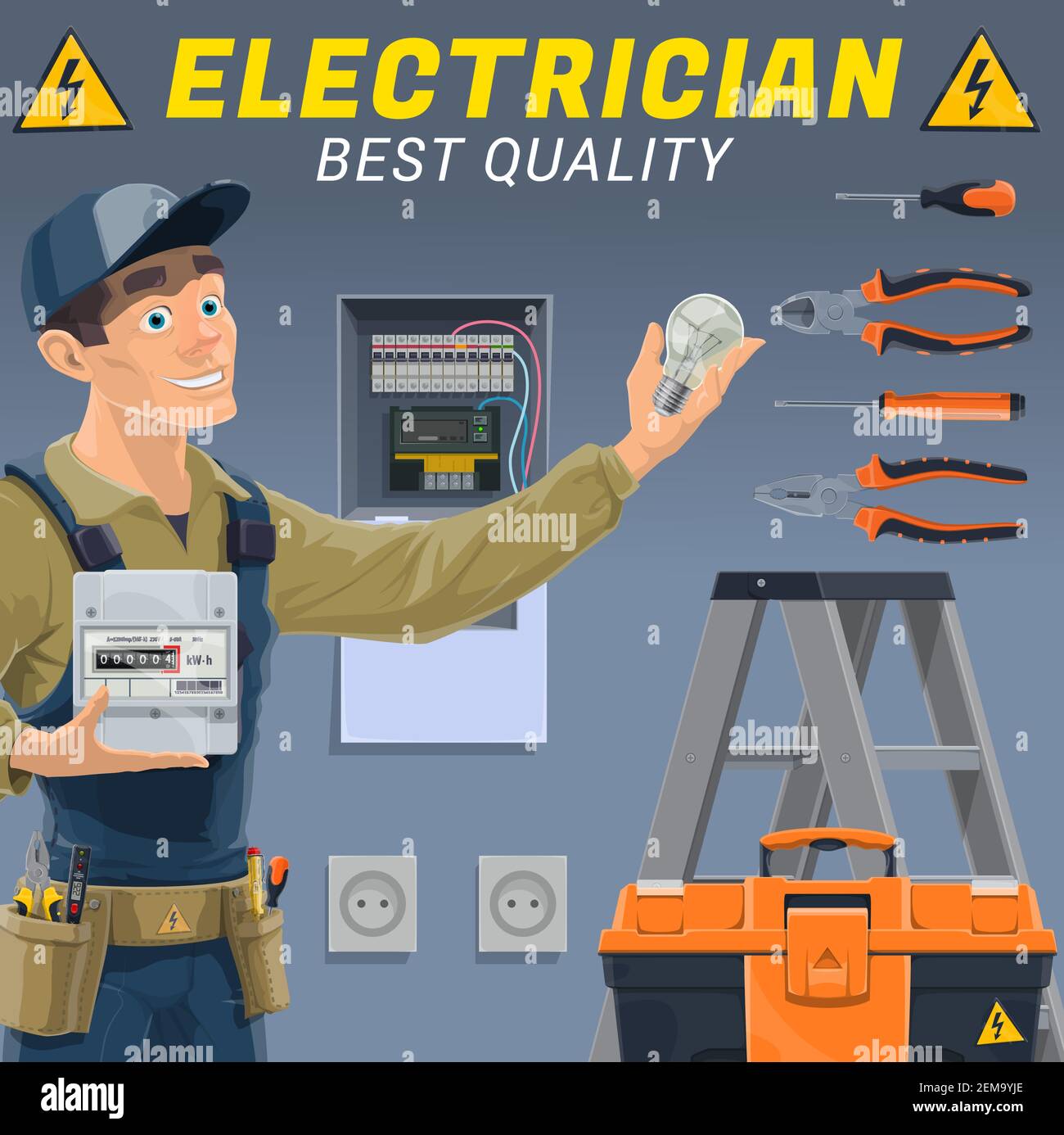 Electrician with electric equipment and tools. Vector engineer or