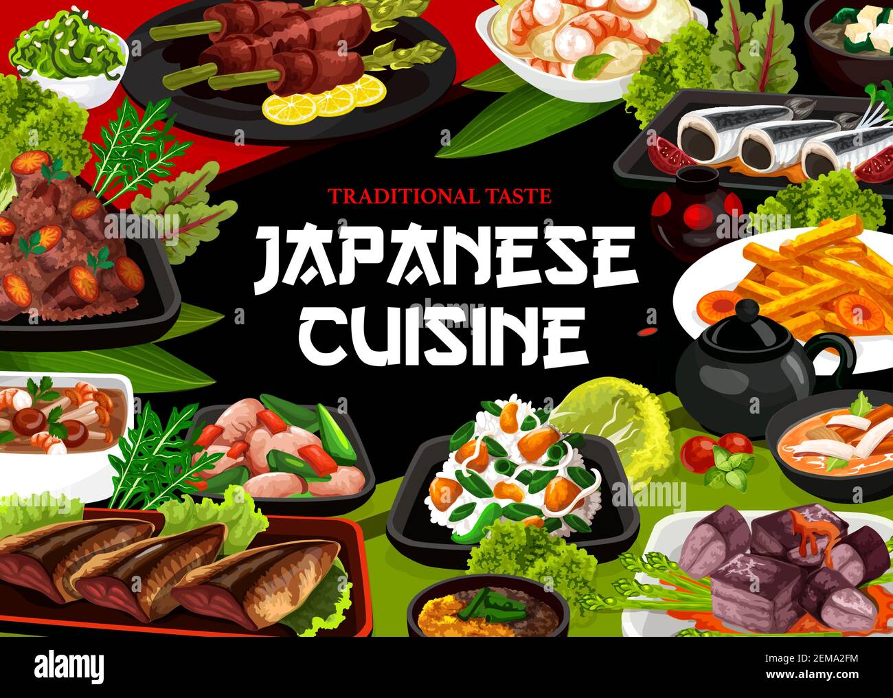 Japanese cuisine, authentic restaurant vector food menu. Japanese