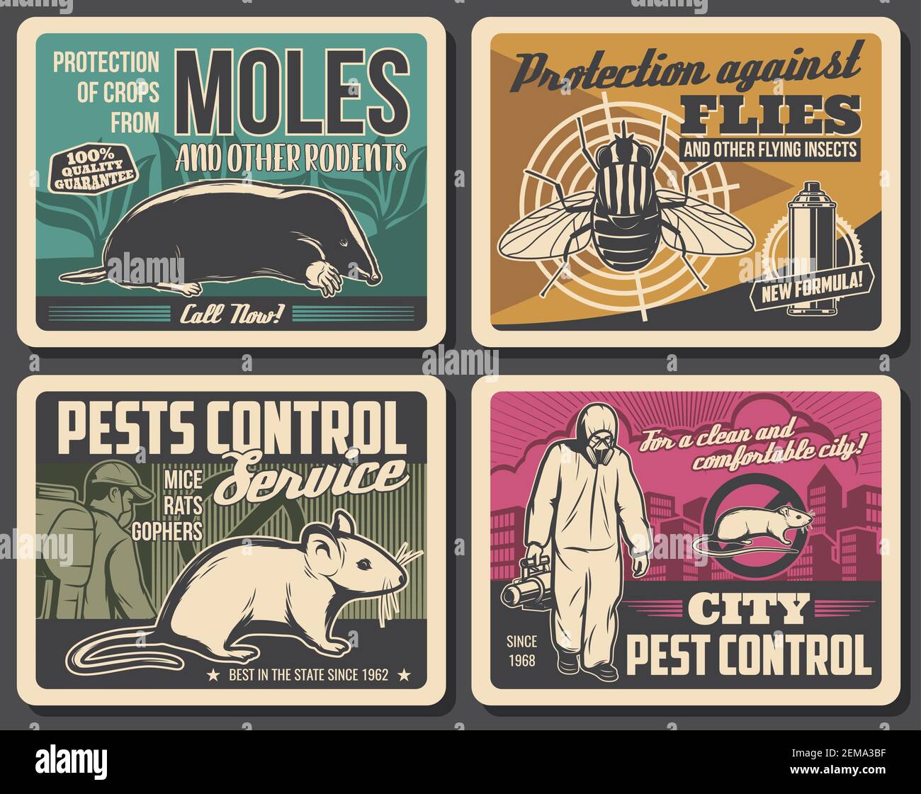 Pest control service, vector retro posters, insects disinsection, rodents extermination and deratization. Agriculture, city and domestic pest control Stock Vector