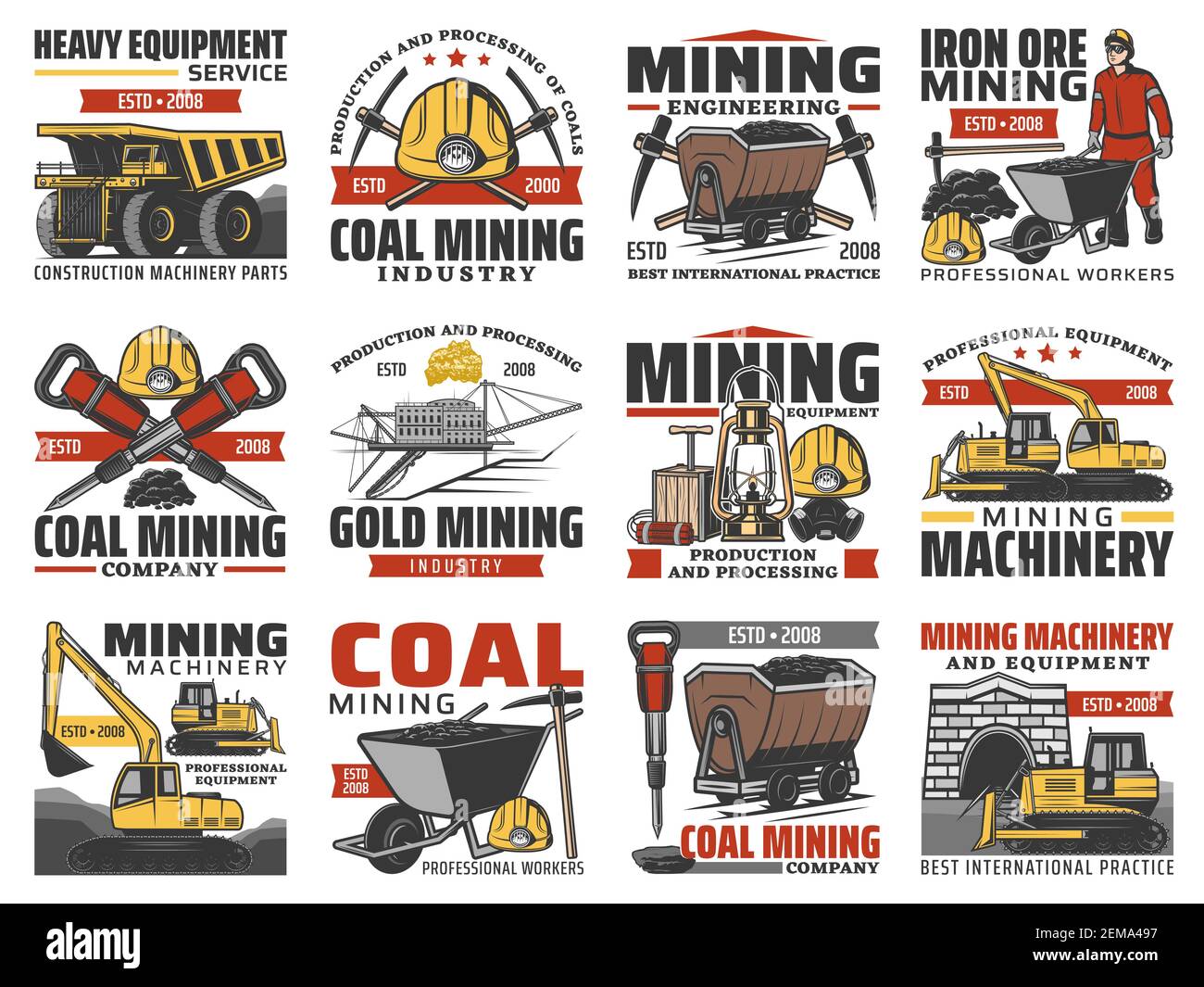 Mining industry, coal mine machinery and miner equipment, vector icons