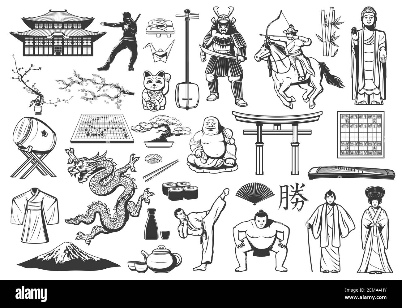 Japan vector icons with food, religion and culture symbols, Japanese sushi and Fuji mountain, pagoda and geisha, bonsai, origami, fan and samurai, dra Stock Vector