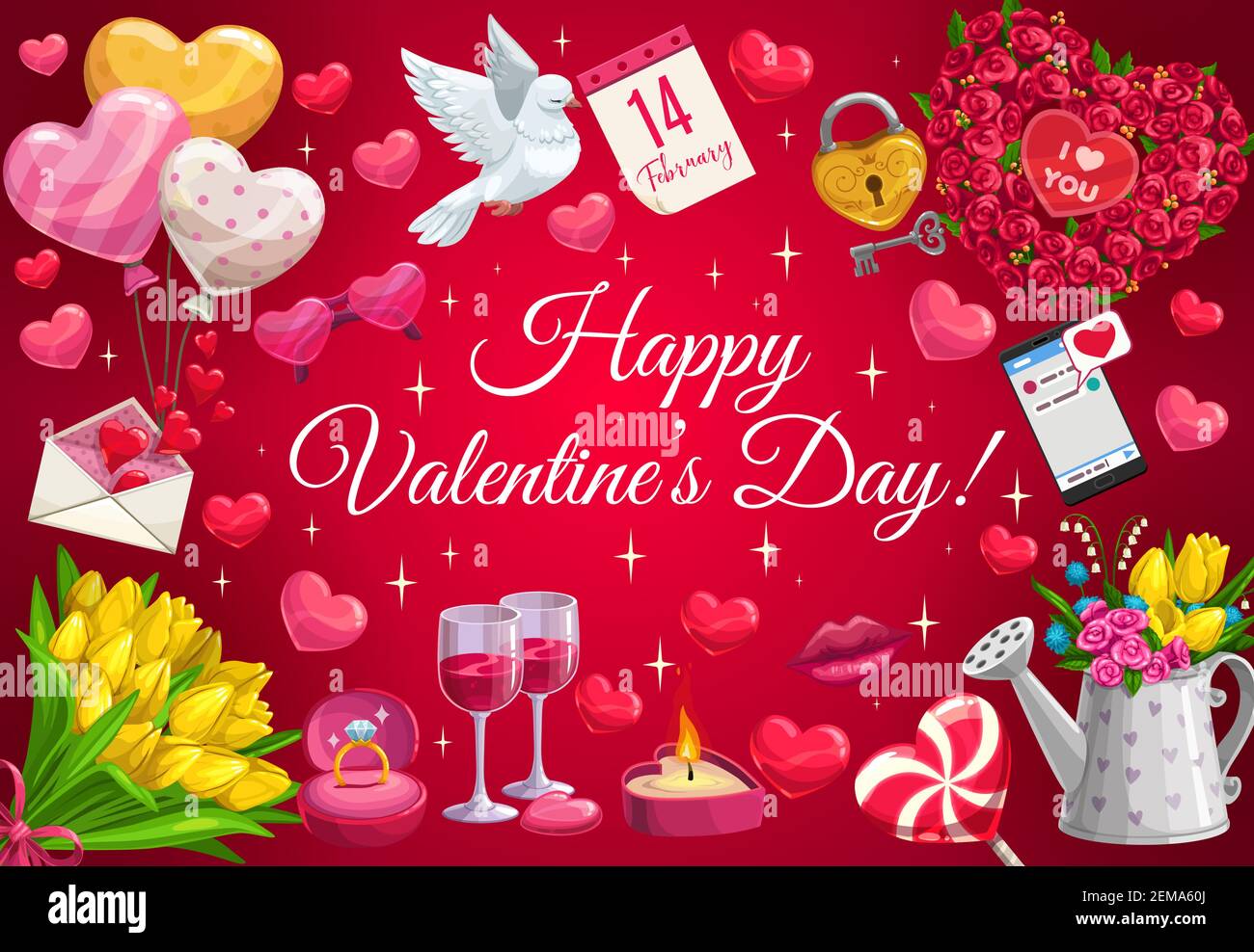 https://c8.alamy.com/comp/2EMA60J/happy-valentines-day-greeting-with-sparkling-stars-and-golden-heart-balloons-vector-valentine-love-kiss-lips-love-message-in-phone-and-wedding-rings-2EMA60J.jpg