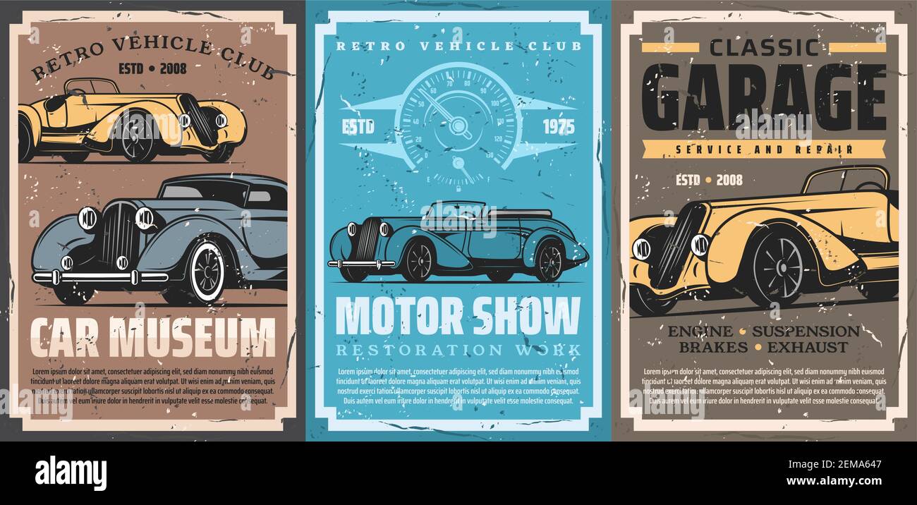 Retro car repair service, old auto spare parts and vintage vehicle mechanic garage station. Vector cabriolet and sedan cars, speedometer posters of ra Stock Vector