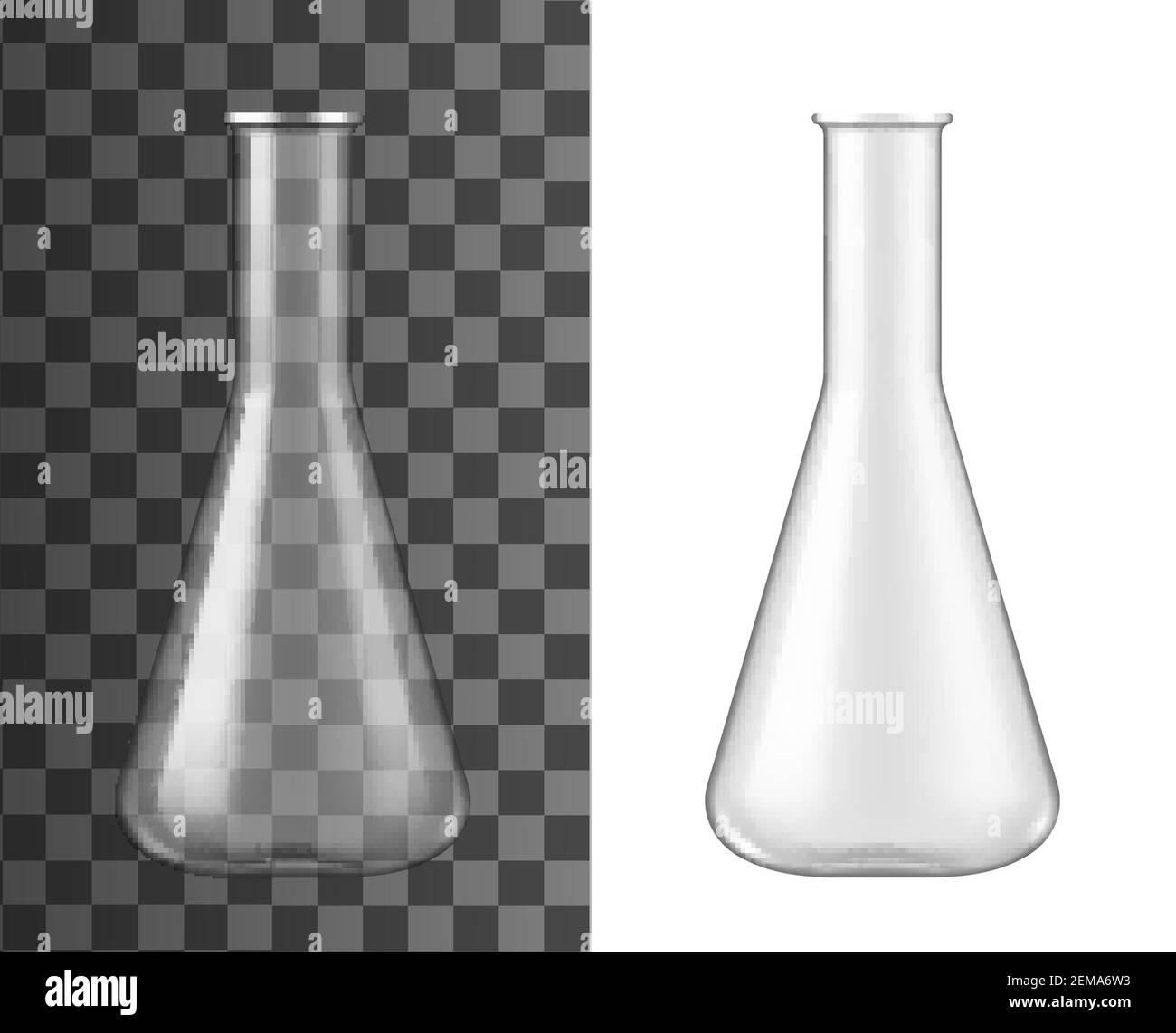 Glass flask, chemical laboratory glassware beaker, vector 3D realistic