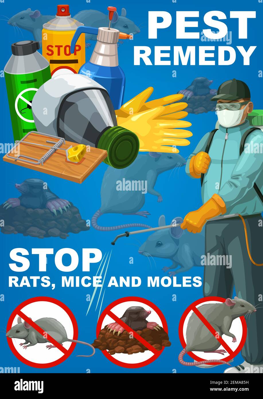 Pest remedy, rodents extermination, deratization sanitary control service vector poster. House rats, mice and moles pest control poison disinfection, Stock Vector